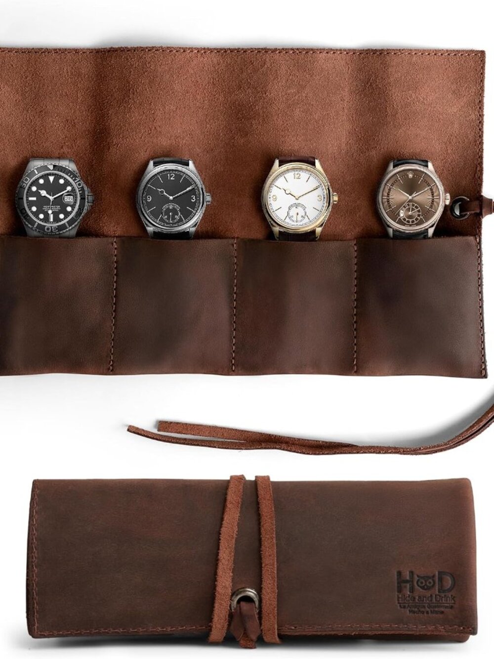 Leather Watch Roll Organizer Handmade from Full Grain Leather, Holds Up to 4 Wat
